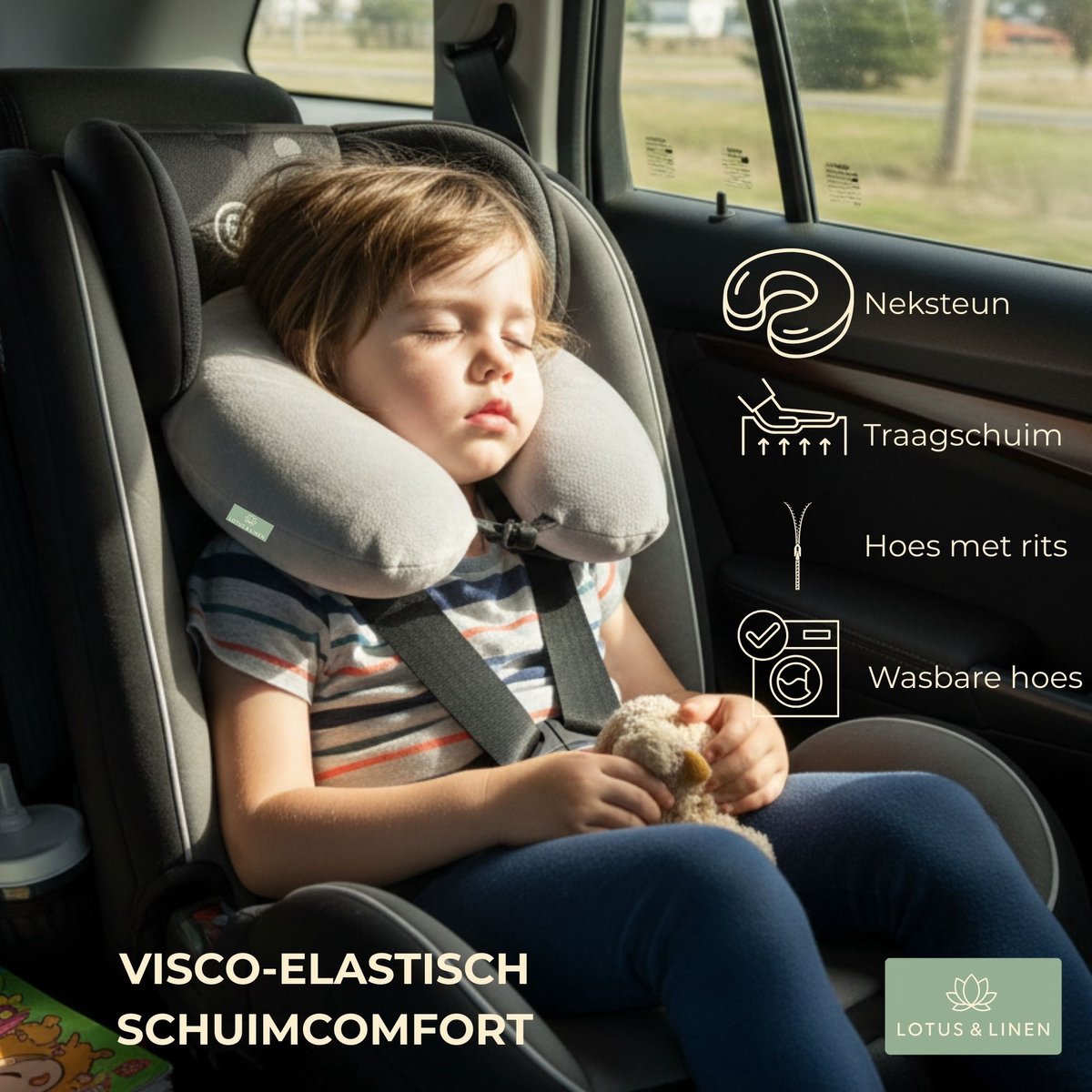 Lotus & Linen Cervora Traagschuim (Visco-elastische) Nekkussen - Traagschuim Reiskussen - Ergonomisch - Vliegtuig - Memory Foam (Viscoelastic) Travel Pillow - 30x30x9 cm – foto 5