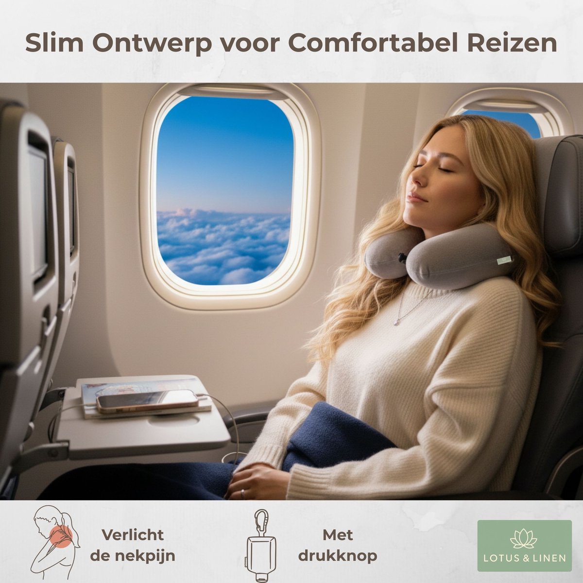 Lotus & Linen Cervora Traagschuim (Visco-elastische) Nekkussen - Traagschuim Reiskussen - Ergonomisch - Vliegtuig - Memory Foam (Viscoelastic) Travel Pillow - 30x30x9 cm – foto 3
