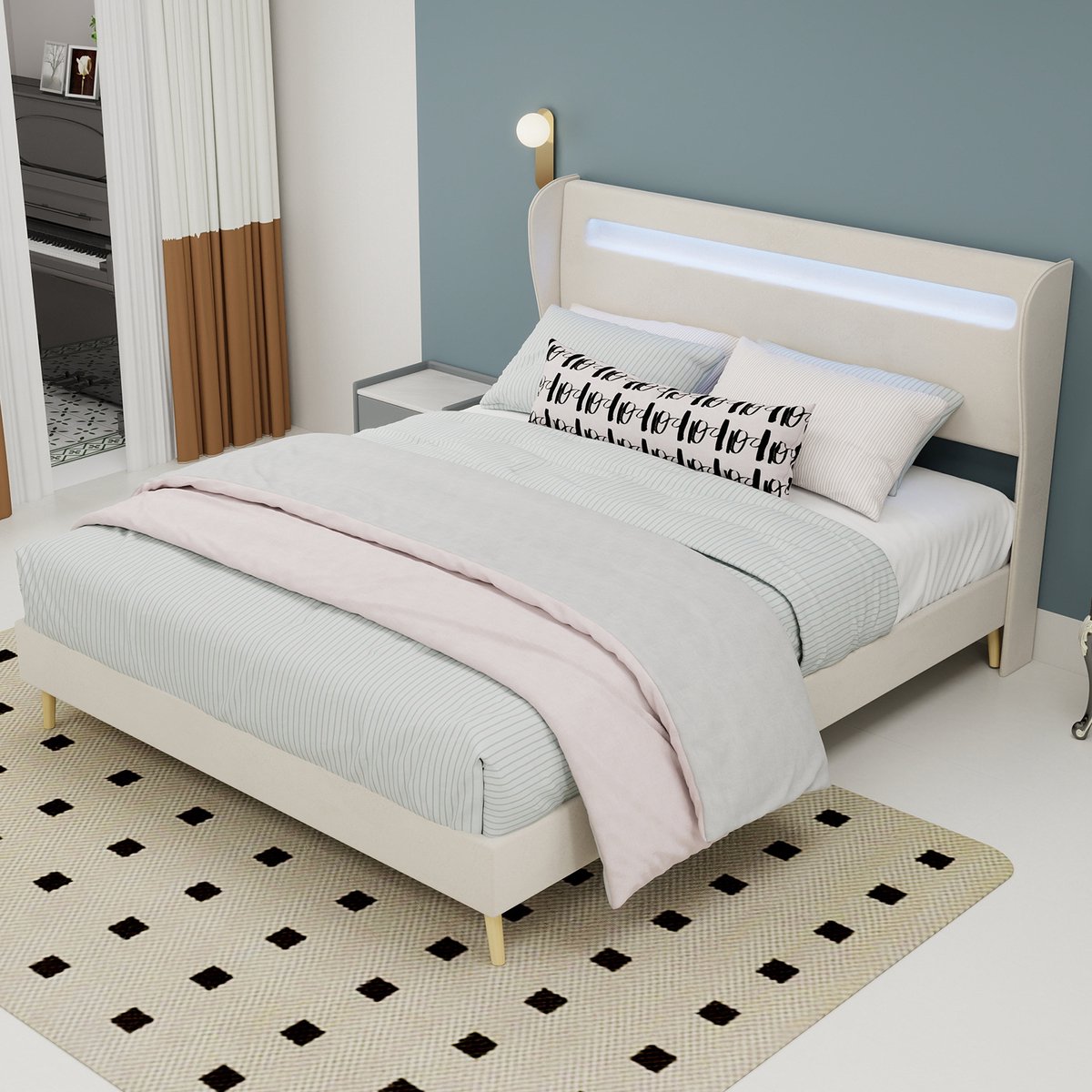 STILVORA Gestoffeerd Bed 140x200cm – Bedframe Met Verstelbaar Hoofdbord – LED Sfeerverlich