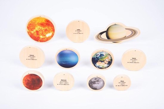 Zonnestelsel schijven van hout met tekst, met de zon, Jupiter, Saturnus, Uranus, Neptunus, Aarde, Venus, Mars, Maan, Mercurius en Pluto.
