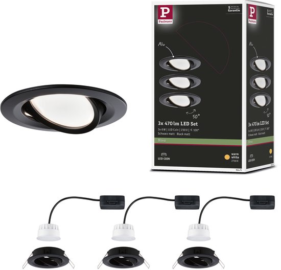 LED-inbouwlamp Nova Coin Set van 3 zwenkbaar rond 84 mm 50° Coin 3x6W 3x470lm 230V 2700K Zwart mat