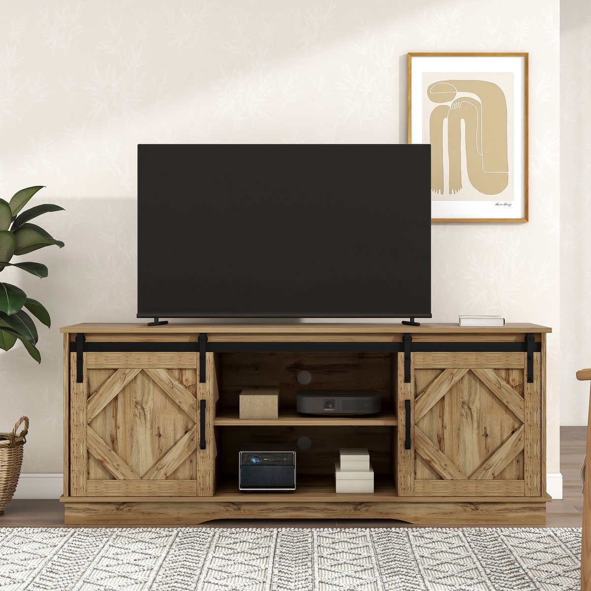 REDOM - Tv-Meubel Met Schuifdeuren En Verstelbare Planken - Landelijke Stijl - Voor Woonkamer - Spaanplaat - Bruin - 150 X 40 X 60 Cm