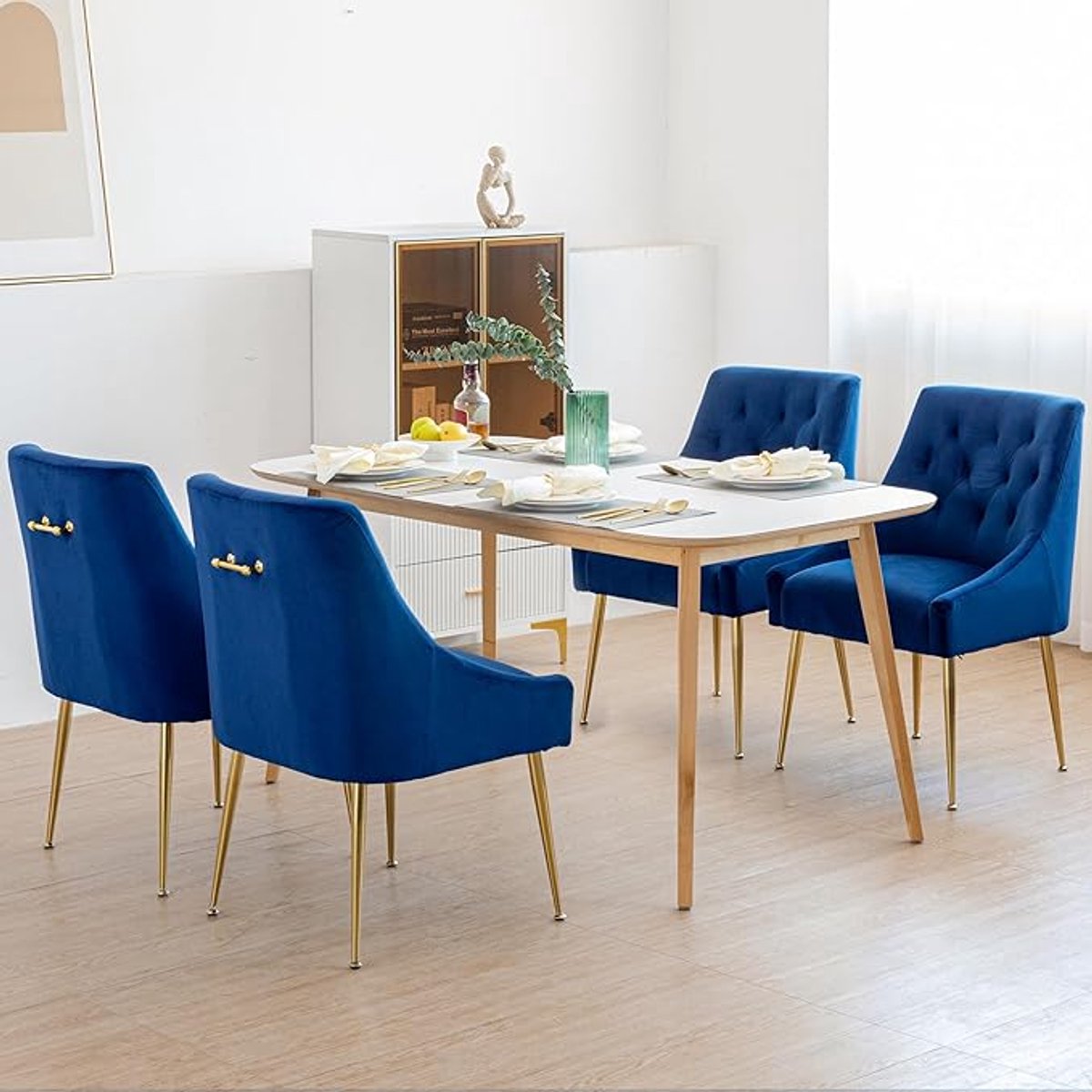 Eetkamerstoel Set van 4 Fluweel Modern Blauw – 54x54x52 cm Comfortabele Keukenstoel met Metalen Poten en Ergonomische Rugleuning – Luxe Woonkamer, Slaapkamer en Eetkamer Stoelen | Abkantoor