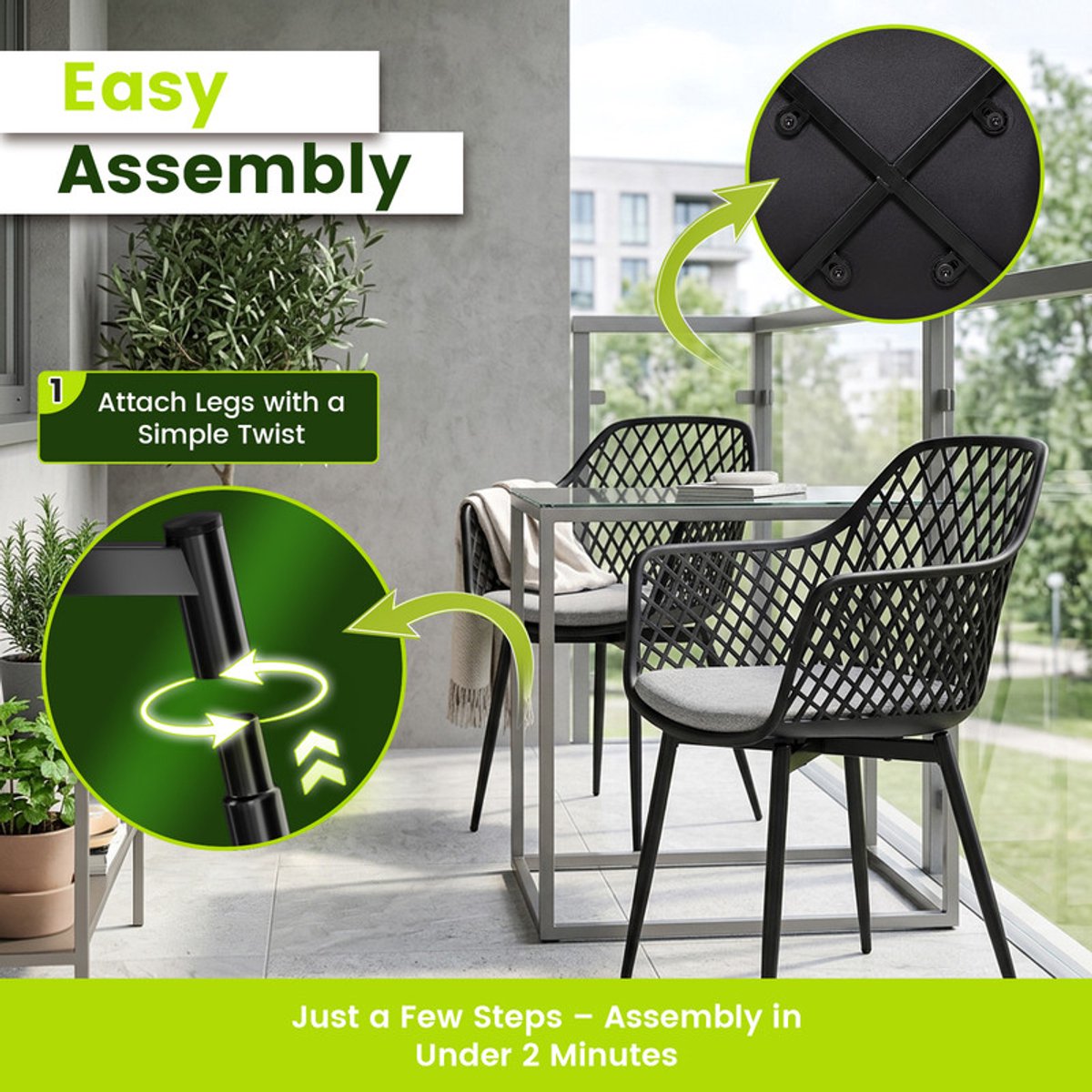 EGGREE Tuinstoelen voor buiten - set van 4 - kunststof stoelen met armleuningen en metalen poten - tuinstoelen voor buiten voor het terras - balkon - eetkamer en woonkamer - rugleuning met opengewerkt ontwerp - zwart thumbnail 4