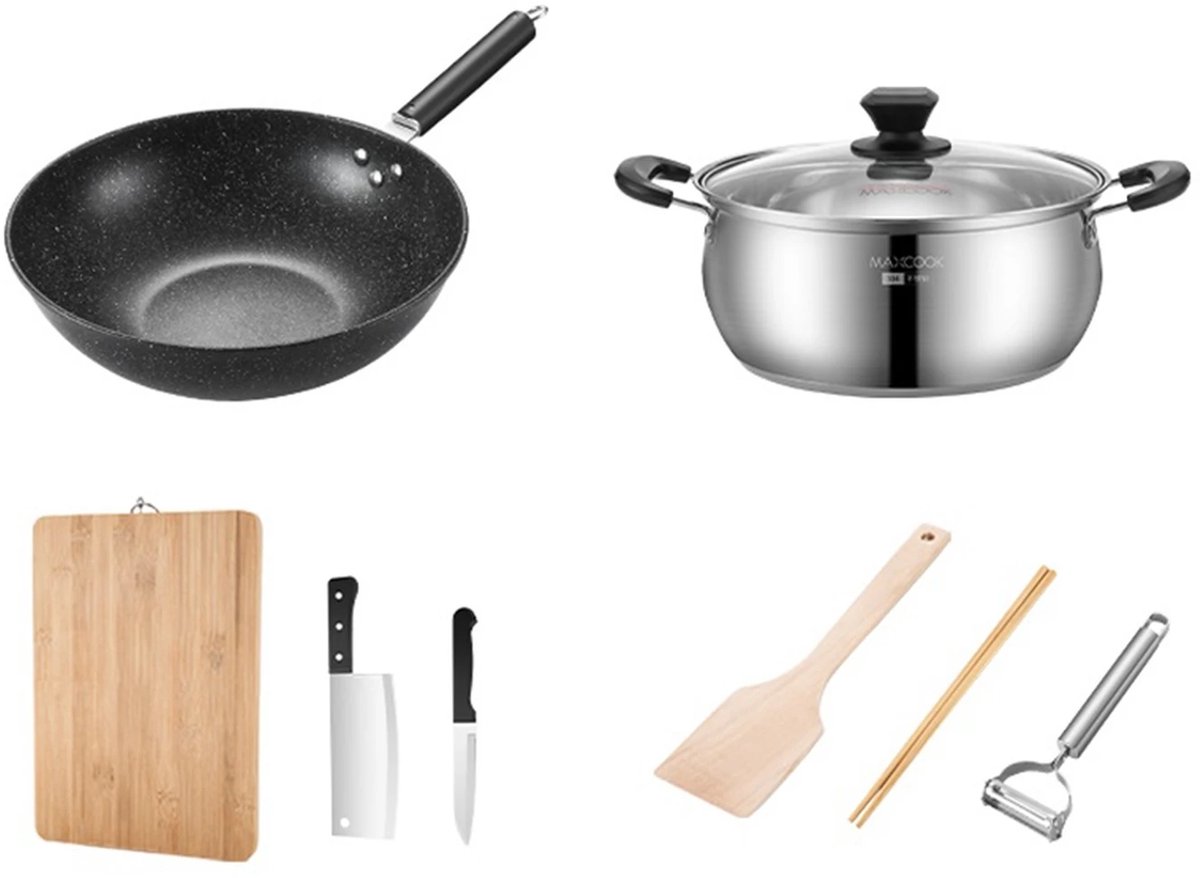 Pannenset 8-delig - Koekenpan 32cm + Soeppan met Deksel - Snijplank, Messen en Keukengerei - Geschikt voor Inductie en Gas - Kookset Zwart/RVS FluxGoods