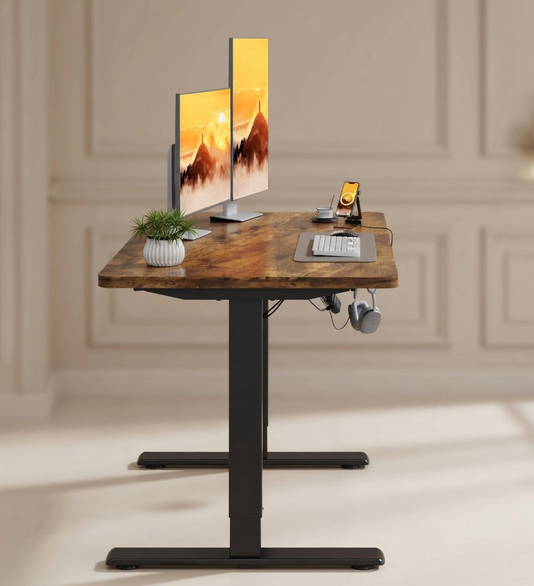 Ergonomisch Elektrisch Verstelbaar Bureau 120x60 cm – Sta-Zit Bureau met USB Oplaadpoort, Modern Bureau voor Thuis & Kantoor – Bruin, In hoogte verstelbaar 73-120 cm, Stil & Robuust House&Garden