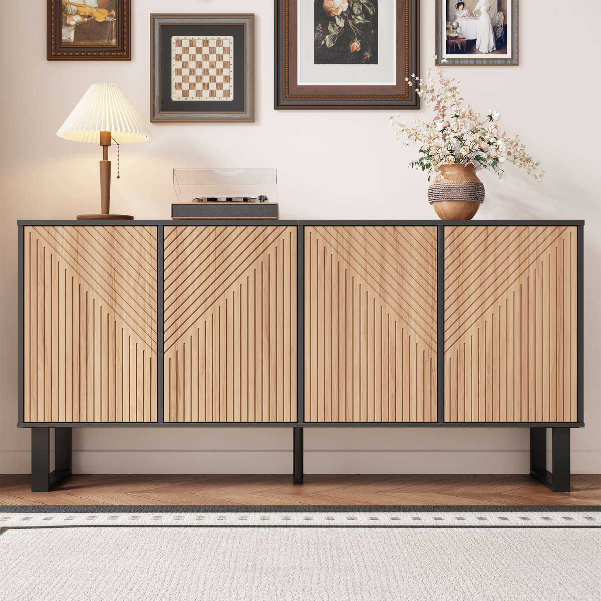 REDOM TV-Meubel - 3D Strepenfront - Modern - Voor Woonkamer - MDF En Spaanplaat - Zwart En Naturel - 160 X 38 X 75 Cm Zwart+Natuurlijk