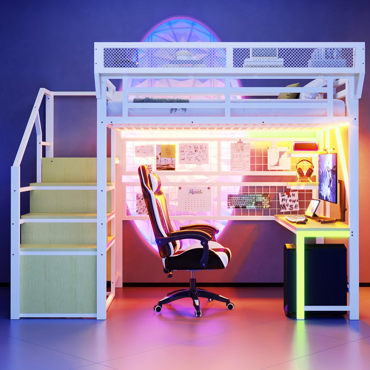 Wishdor Hoogslaper met bureau en opbergruimte – 140 x 200 cm – LED-verlichting en stopcontact – MDF en metaal – Wit – Inclusief kledingkast – Modern