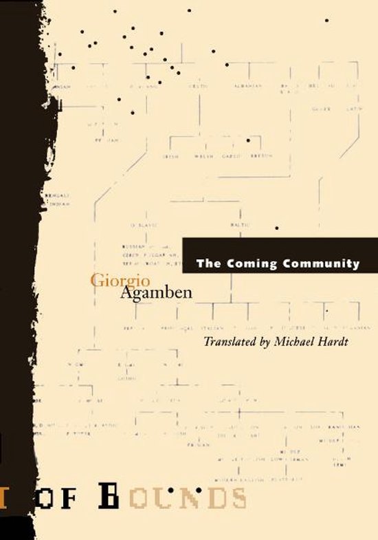 Boekomslag van "The Coming Community" van Giorgio Agamben, met een stamboomachtige illustratie en tekst.