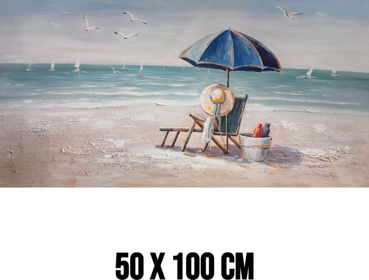 Allernieuwste.nl® Canvas Schilderij Strand met Parasol en Strandstoel – 50 x 100 cm – Rustige Zee Muurdecoratie – Wanddecoratie