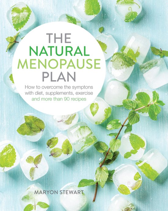 Boek 'The Natural Menopause Plan' met de titel en naam van de auteur, omgeven door ijsblokjes met muntblaadjes.