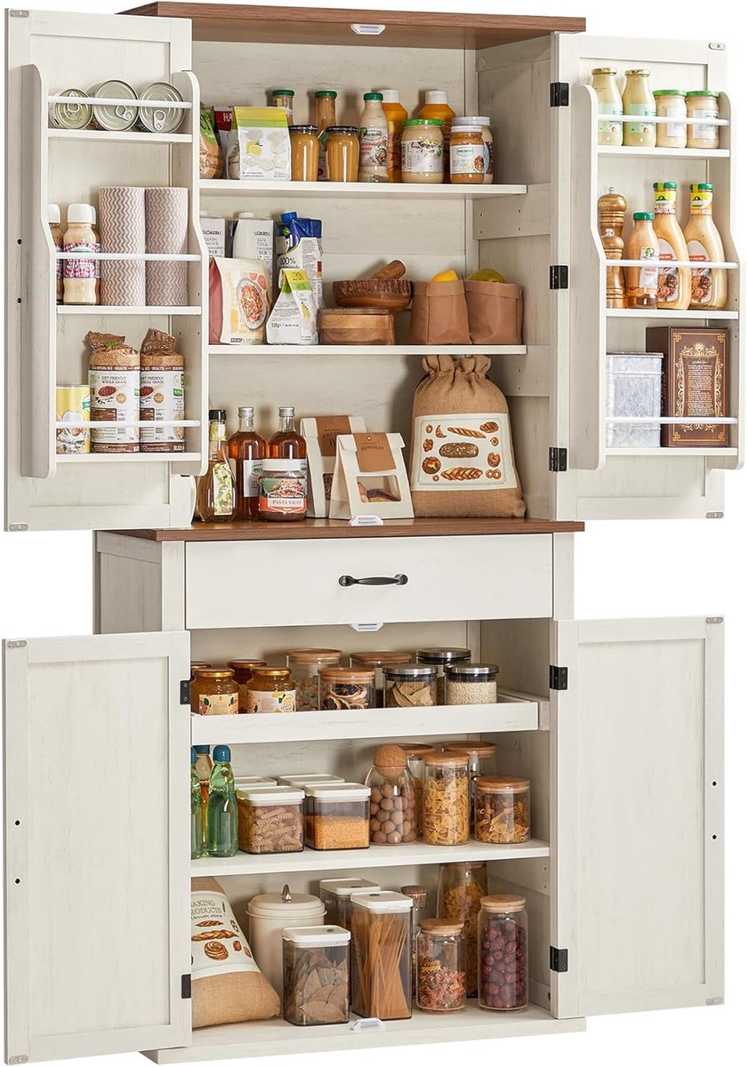 VASAGLE - eetkamerkast - dressoirkast - buffetkast - Keukenkast - 179 cm hoog - multifunctionele kast in landelijke stijl met schuifdeuren - lade, plank en verstelbare planken, keuken/eetkamer - cremewit / vintage wit