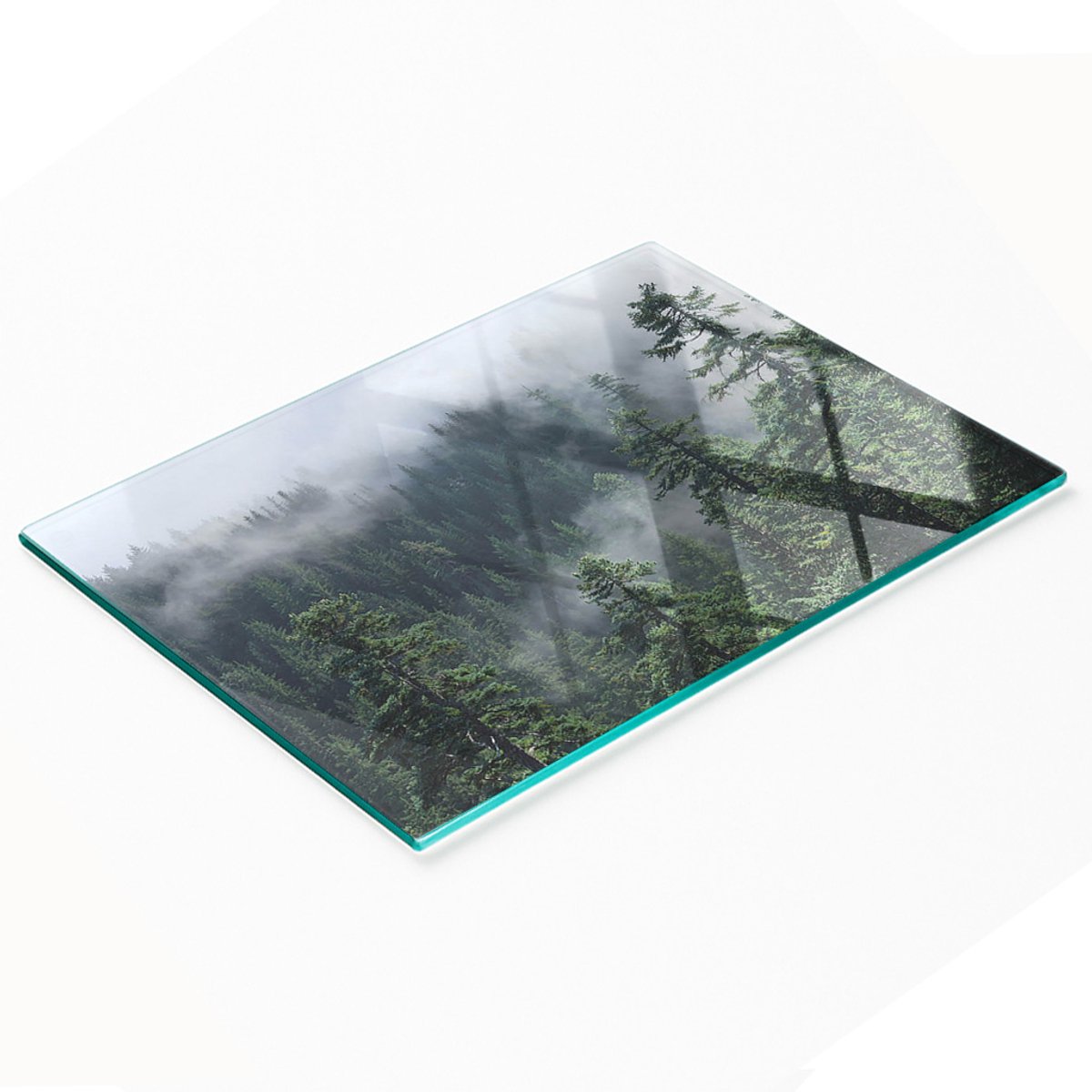 Decoratieve keukensnijplank van gehard glas, bosmistmotief, 80x52 cm