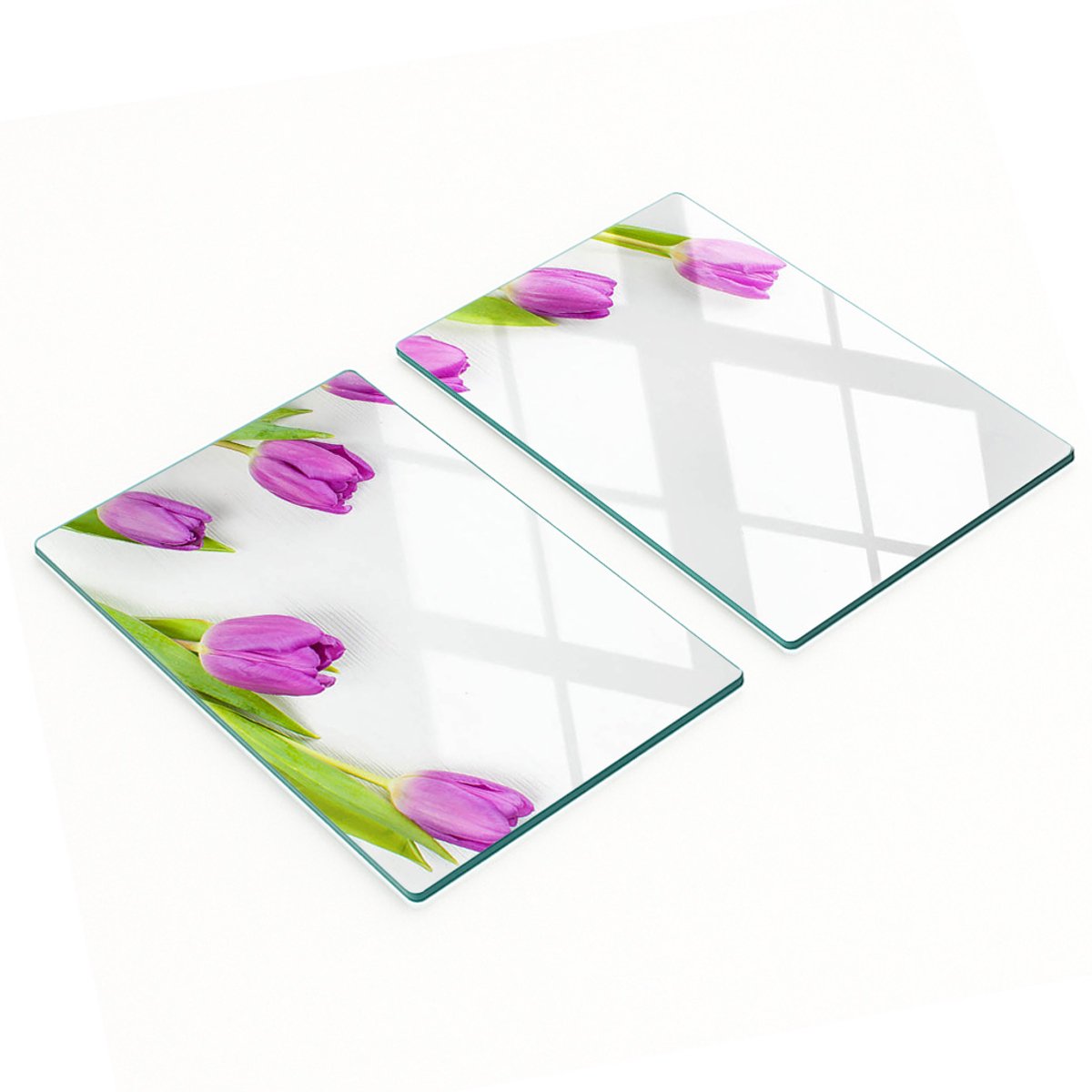 Borden van gehard glas met een decoratief patroon van paarse tulpen, 2x40x52 cm