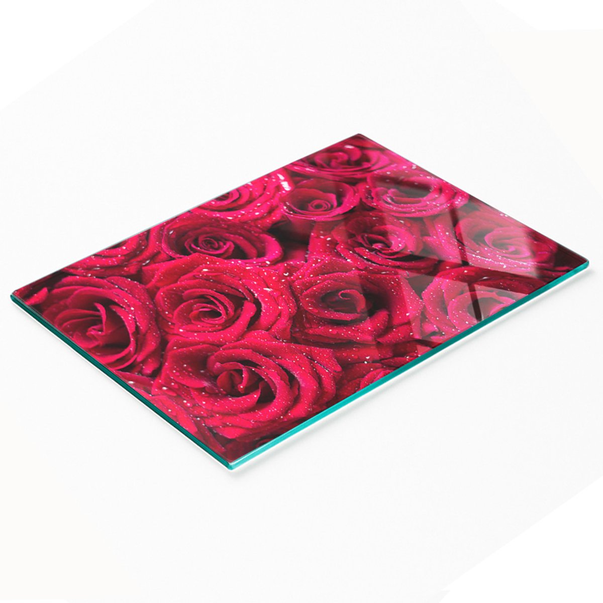 Decoratieve glazen snij- en serveerplank met druppels op rozen, 80x52 cm