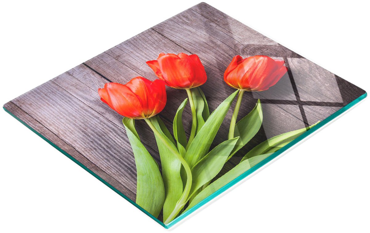 Stijlvol en duurzaam glazen bord met print van rode tulpen, 60x52 cm