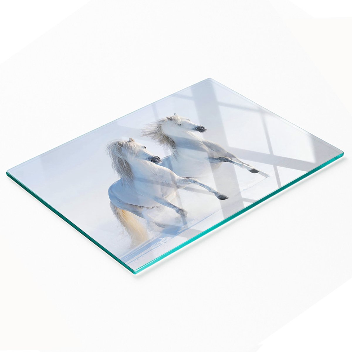 Multifunctionele decoratieve glazen keukenplank met twee sneeuwpaarden, 80x52 cm