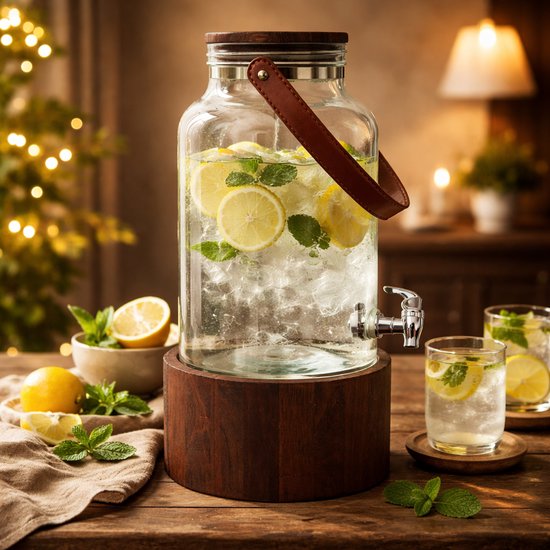 Glazen drankdispenser met houten standaard, bruine handgreep en zilveren kraan, gevuld met ijs, citroen en munt.