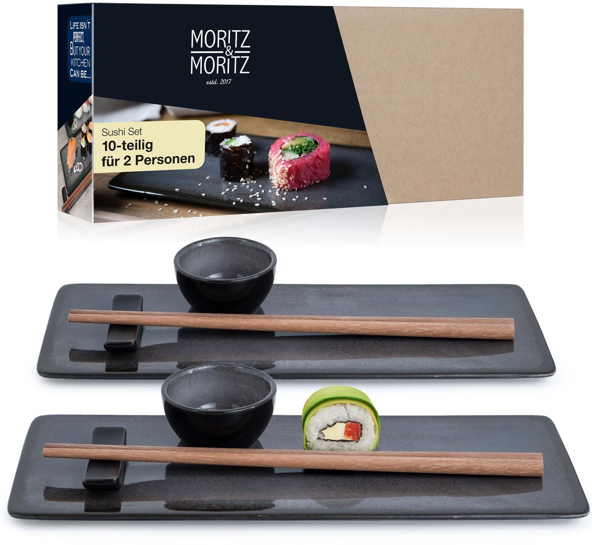 Moritz & Moritz VIDA 10-delige Sushi Serviesset voor 2 Persoons - Antraciet Sushi Serveerset met 2x Sushi Borden, Dip Schaaltjes en Eetstokjes