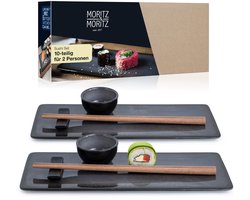 Moritz & Moritz VIDA 10-delige Sushi Serviesset voor 2 Persoons - Antraciet Sushi Serveerset met 2x Sushi Borden, Dip Schaaltjes en Eetstokjes