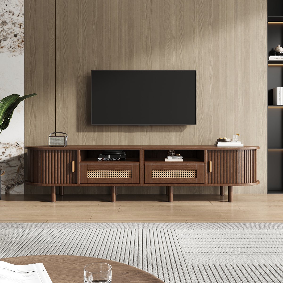 MODFU - Tv-Meubel - Ovaal Met 2 Laden En 2 Schuifdeuren - Vintage - Voor Woonkamer - MDF En Hout - 170 X 40 X 40 Cm