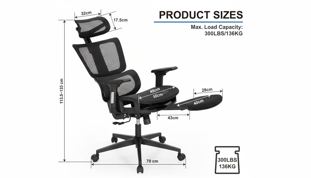 Bureaustoel Ergonomisch met Voetsteun – Casa Velluto AeroFlex Pro Mesh Zwart – Verstelbare Hoofdsteun, Lendensteun, 3D Armleuningen – Kantelbaar 90°–130° – Luxe Gaming & Kantoor Draaistoel met Wielen