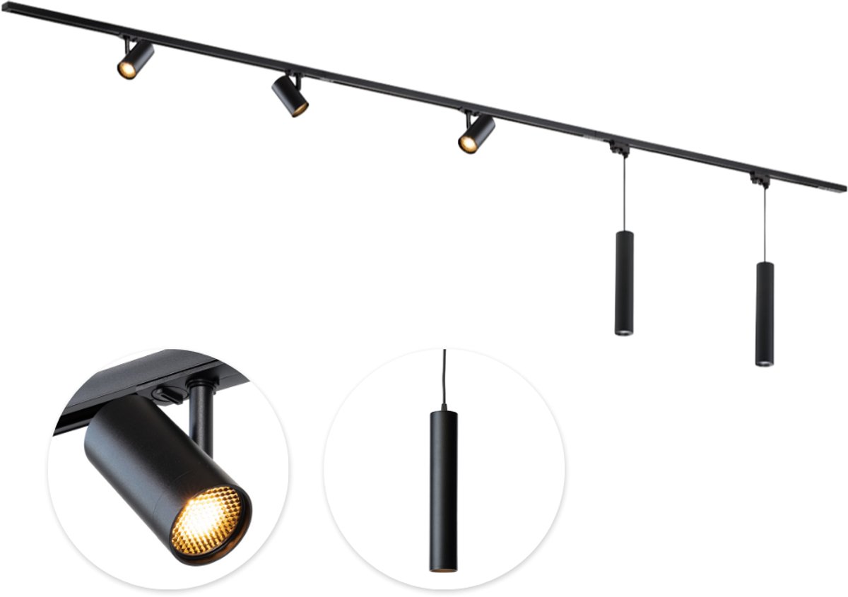 Qub Viror Railverlichting - Zwart - 300 cm - I-Vorm - 3 Mesh spots & 2 Hanglampen - Dimbaar - Complete Set