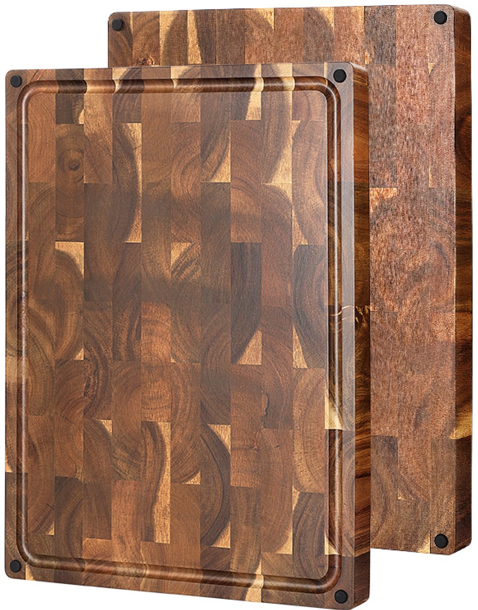 Snijplank van Acaciahout (kopshout) met anti-slip voetjes en sapgeul | Extra groot: 49 cm x 36 cm x 3.8 cm | Zware kwalitatieve snijplank