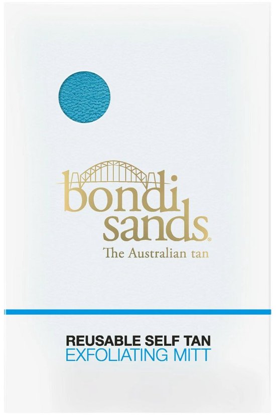 Verpakking met een helderblauwe cirkel die de exfoliatiehandschoen voorstelt, beschreven als 'REUSABLE SELF TAN EXFOLIATING MITT'.