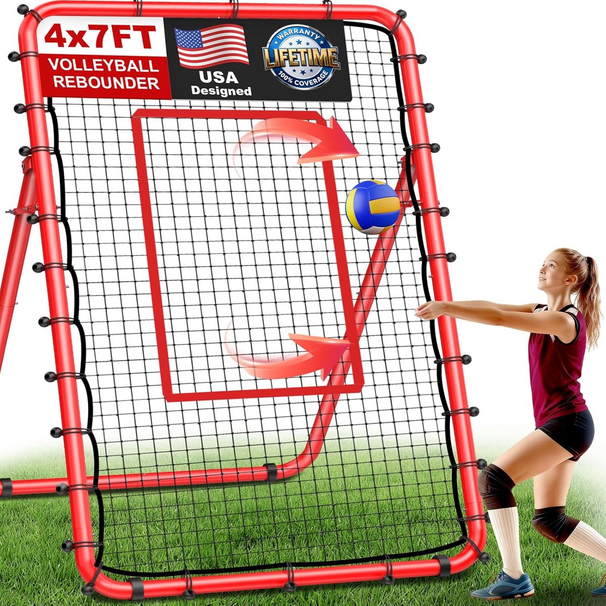 Volleybal Rebounder Net - Volleybal Trainingsnet - Volleybalvaardigheden Verbeteren - 5 Verstelbare Hoeken - 7x4FT - Rood
