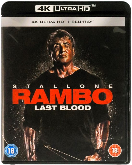 Voorzijde van de "Rambo: Last Blood" 4K Ultra HD Blu-ray met een close-up van Sylvester Stallone. Bevat 18+ rating.