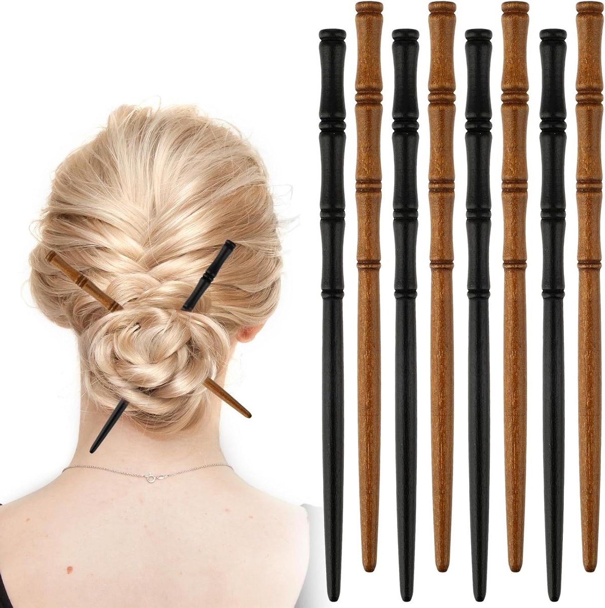 Houten haarstokken set van 8 stuks - Retro haarstokjes voor broodjes - Bamboe haar accessoires - Vintage haarhouders - Handgemaakte Japanse haarstokjes - Geschikt voor medium lang krullend haar