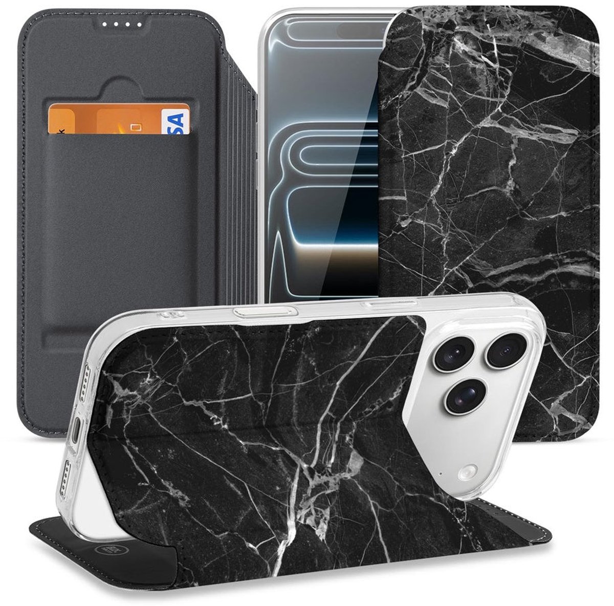 Flip Style Cover Wallet Case Marmer Zwart