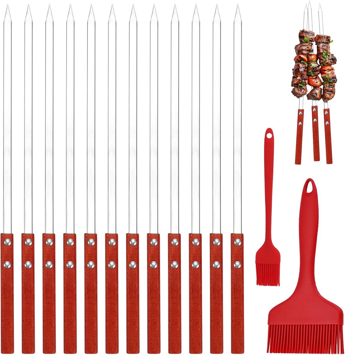 12 Stuks Platte RVS Spiesjes met Houten Handvat - BBQ Accessoires voor Vlees en Groenten
