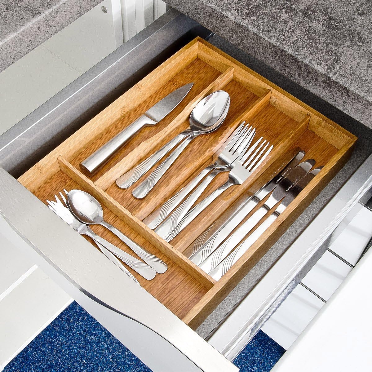 Famanu – Bestekbak HxBxD: ca. 4,5 x 25,5 x 34 cm - bestek organizer voor keukenlade - 5 vakken - bestekcassette - natuur