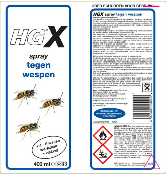HGX spray tegen wespen, 400 ml, met afbeeldingen van wespen.