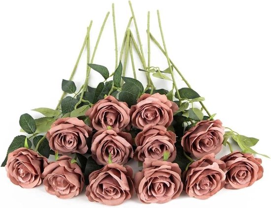 Kunstrozen met 12 stelen - 45 cm lange kunstrozen met één steel - realistische kunstbloemen - geschikt voor bruidsboeketten, tuindecoratie, woonkamerdecoratie, hoteldecoratie en kantoordecoratie.
