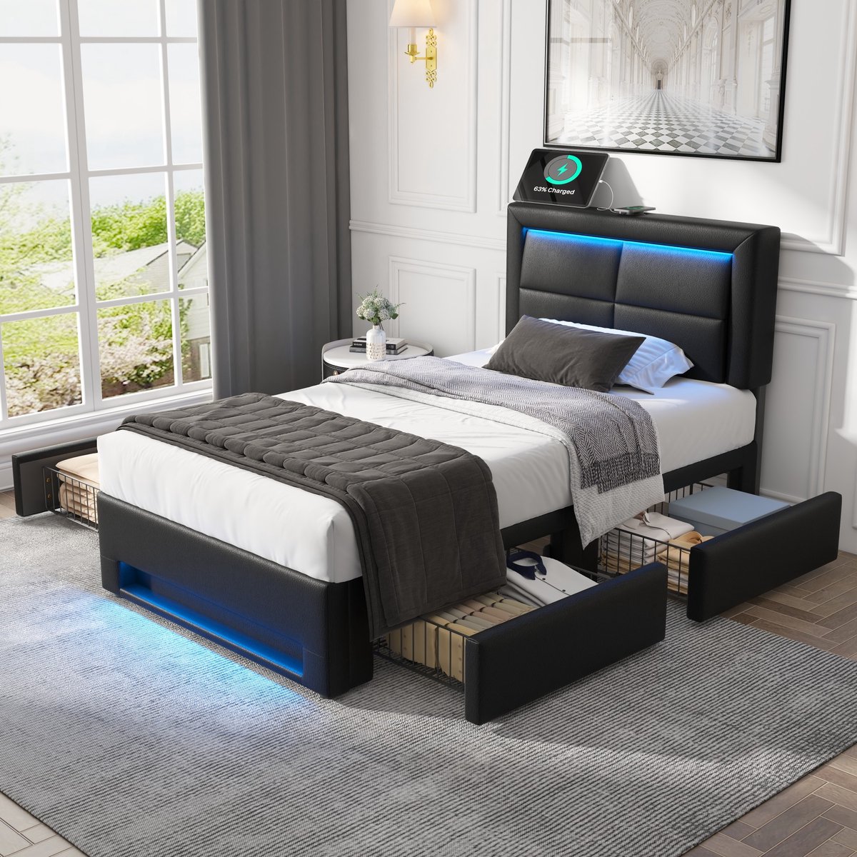 FloraGrace Gestoffeerd Bed 90x190cm – Met USB Oplaadpunt En Draadloos Laden – Met Led Verlichting – Met 4 Lades – Zonder Matras – Pu – Zwart