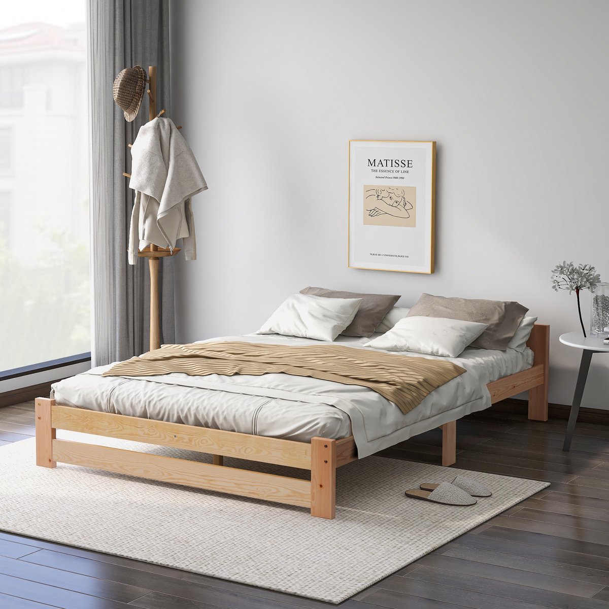 FloraGrace Massief Houten Bed 140x200 cm - Met Hoofdbord En Lattenbodem - Comforthoogte - Zonder Opbergruimte - Slaapkamer Of Logeerkamer - Grenen - Naturel