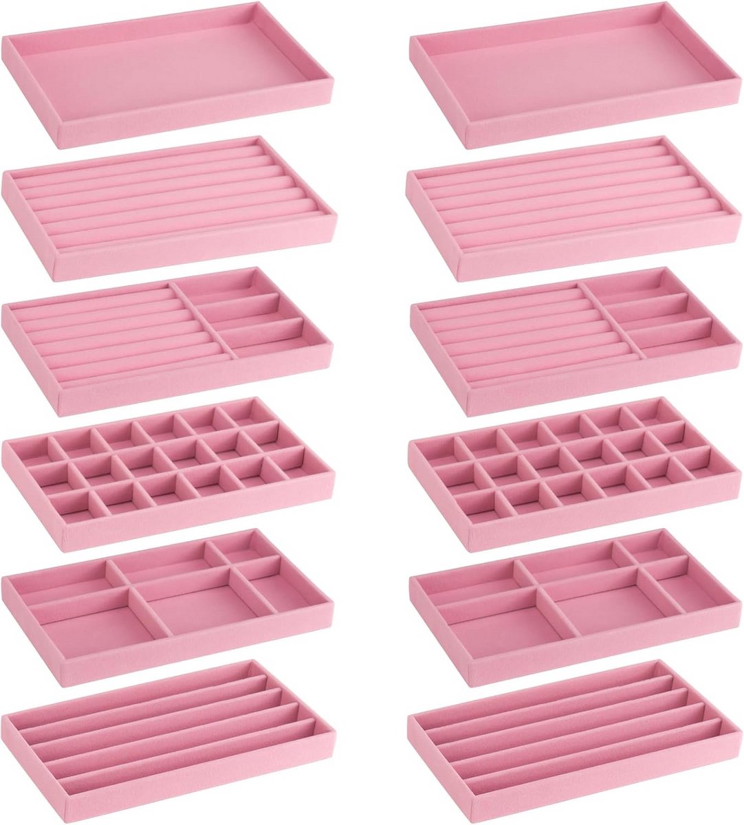 12-Delige Stapelbare Sieradenschalen Set van Fluweel in Roze - Sieradenlade Organizer
