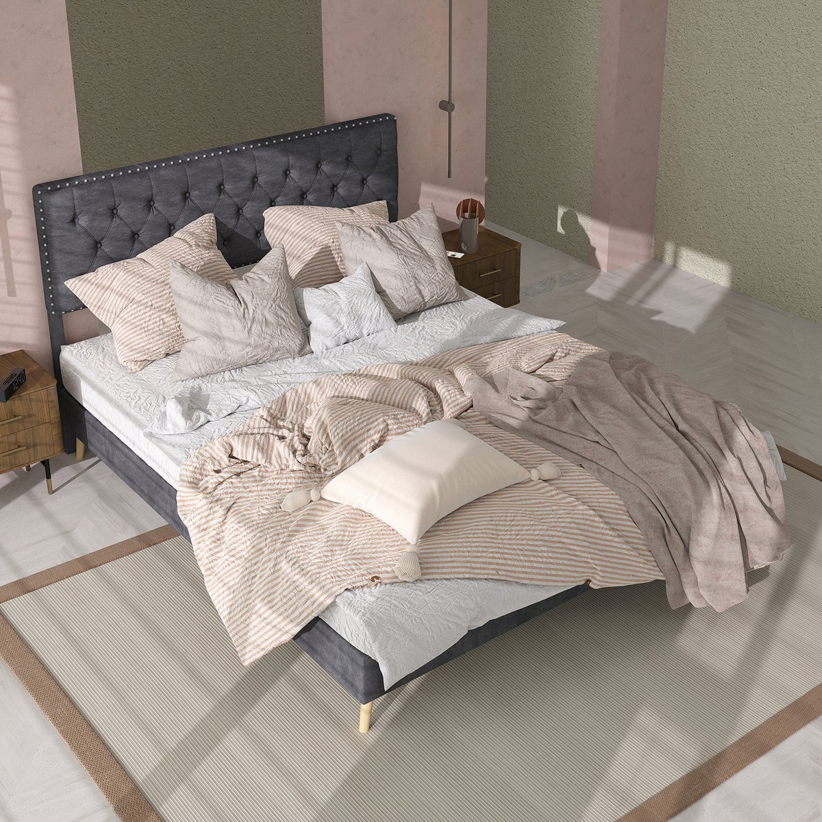 REDOM bedframe 140x200 cm – Fluweel grijs – Hoog hoofdbord met siernagels, opbergruimte onder bed – 2 pakketten