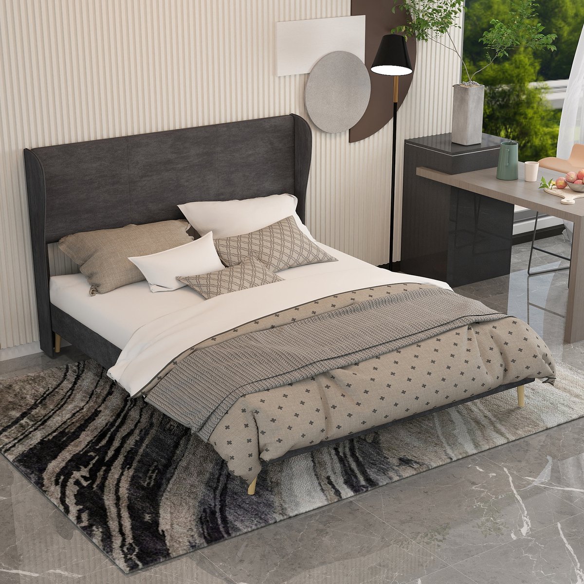 REDOM gestoffeerd bedframe 160x200 cm – Stof + metaal grijs – Zacht hoofdbord, modern minimalistisch – 2 pakketten
