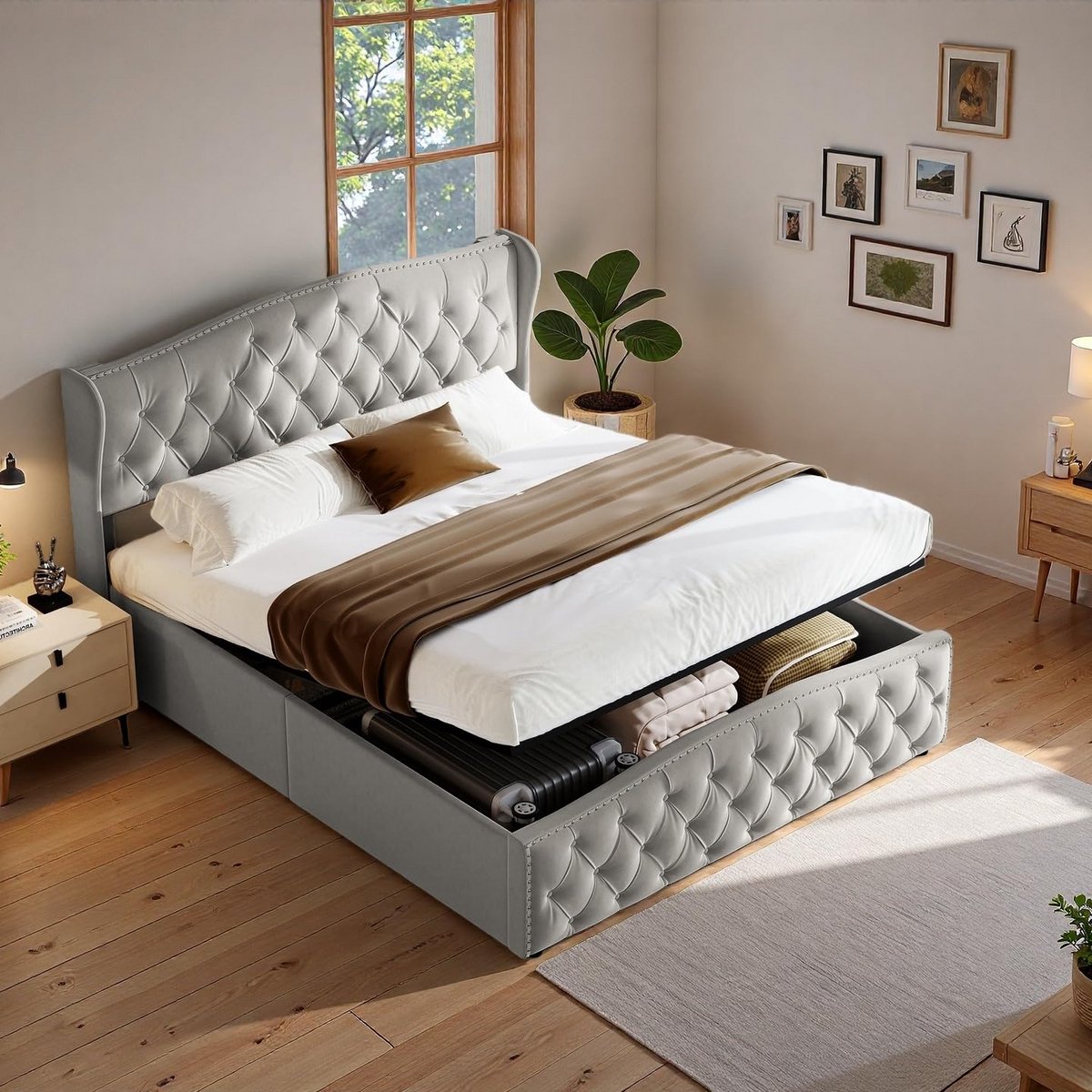 Tweepersoons gestoffeerd bed 160 x 200 cm met hydraulische opbergruimte en fluwelen hoofdboard