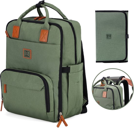 Groene luiertas met bruine leren accenten en een bijpassende verschoonmat.