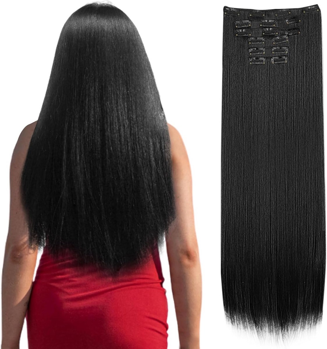 Rechte Clip-in Haarextensies Echt Haar 60 cm Donkerzwart