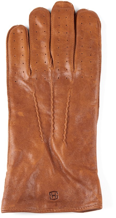 Gants au poignet en cuir de mouton perforés bruns havane pour écran tactile