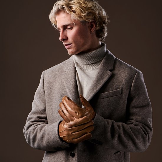 Gants au poignet en cuir de mouton bruns havane pour écran tactile