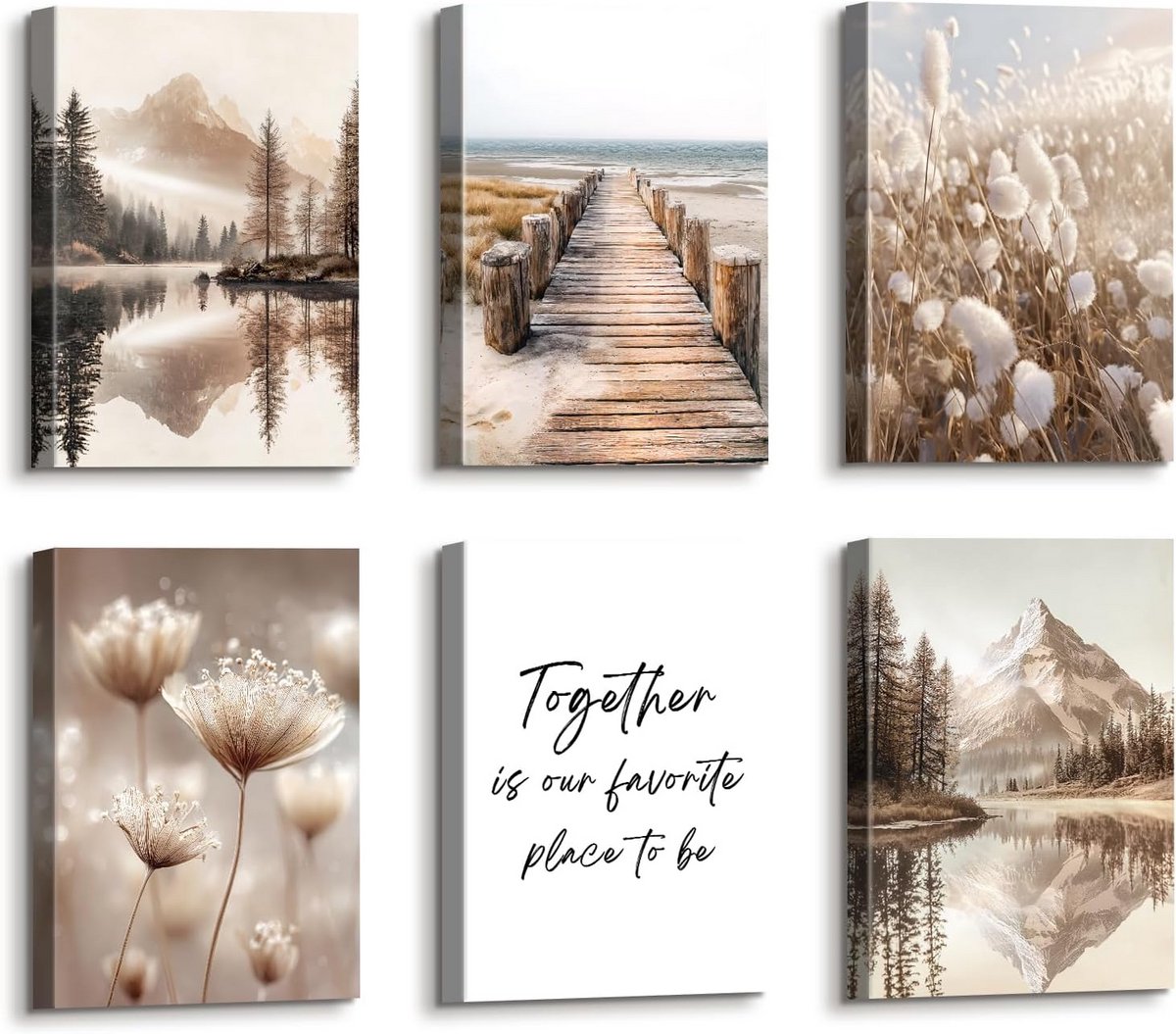 Set van 6 Canvas Schilderijen met Lijst Natuur: Paardenbloem, Riet & Bruine Bergen, 20x30 cm