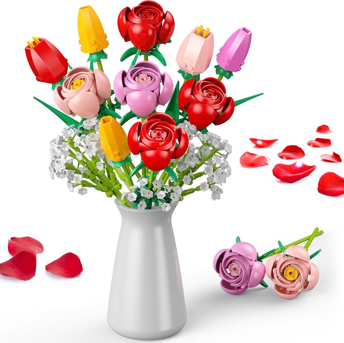 Bouwstenen Boeket: 4 Rozen en 4 Tulpen – 680 Delen Decoratief Bloemstuk voor Thuis of Kantoor