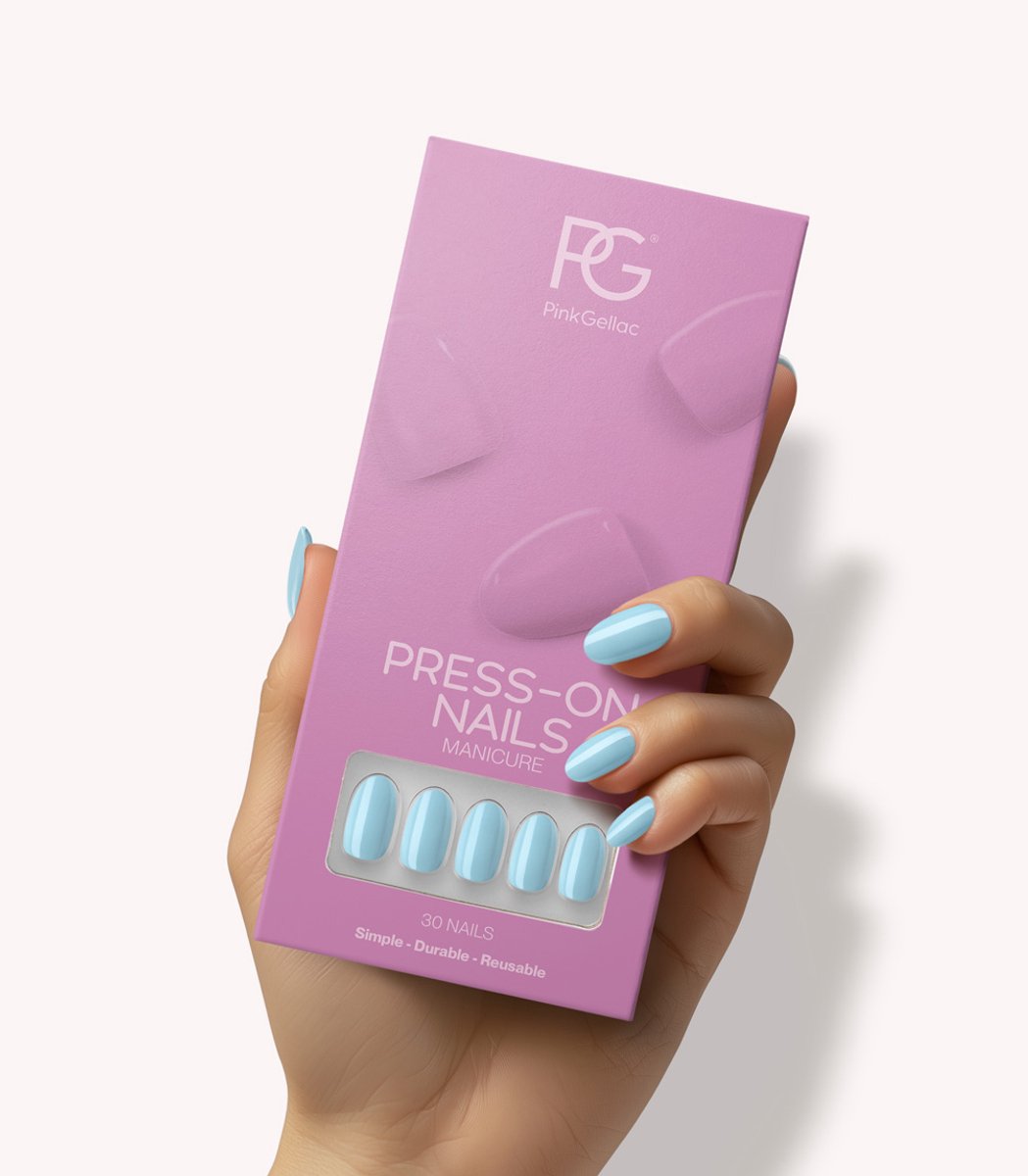 Pink Gellac Press On Nails - 266 Baby Blue - Round Medium Plaknagels - 30 Press On Nagels Met Lijm, 30 Plakstickers, Cleaner Wipe, Nagelvijl, Woodstick en Size Matcher - Snel Aan Te Brengen Plak Nagels - Voor 7-14 Dagen Mooie Nagels
